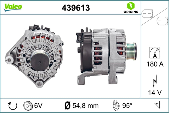 VALEO 439613 Generator Ladestrom des Generators: 180 Amp Rippen: 6 rippen Riemenscheibe Ø: 54,8 mm S