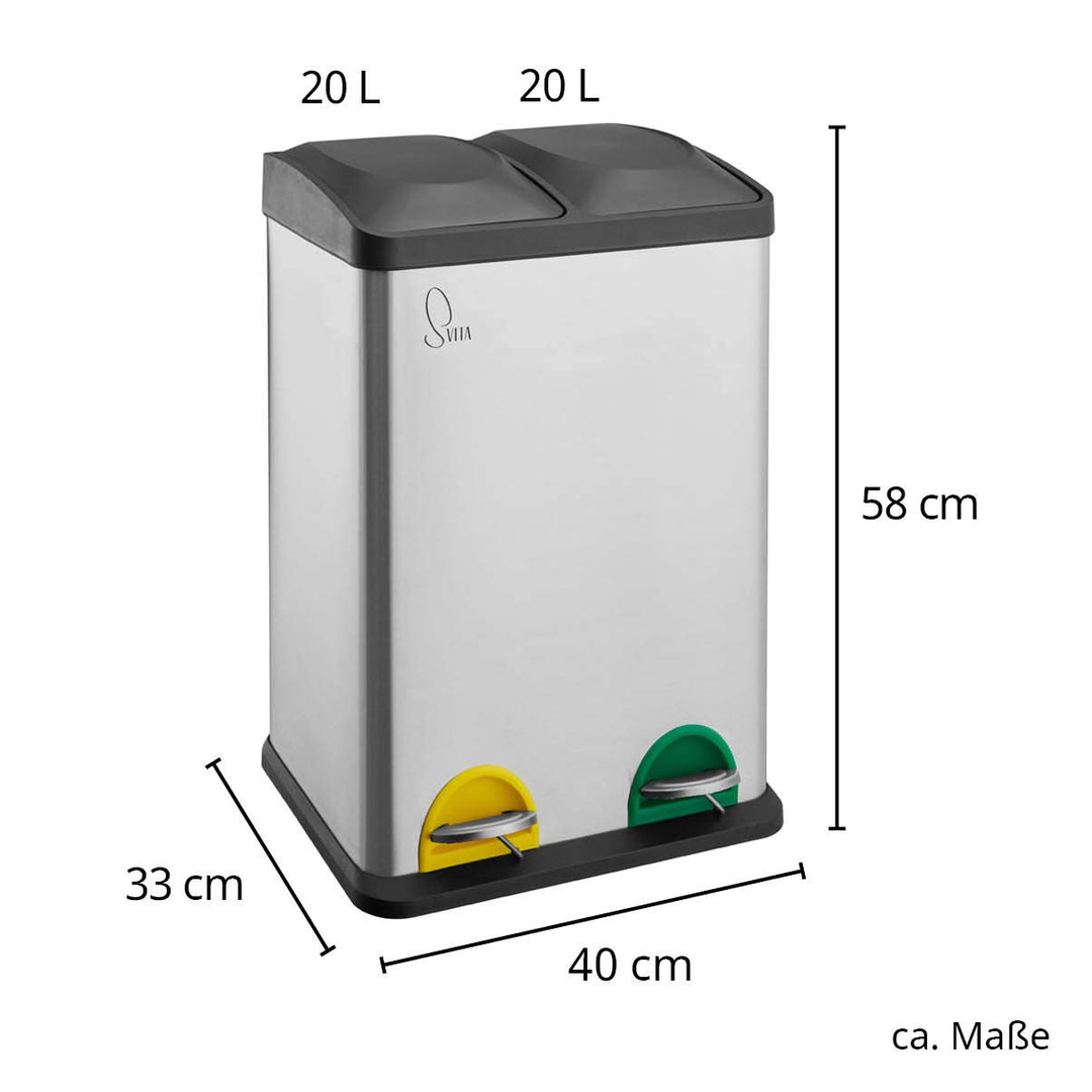 SVITA TC2X20 Küchen-Eimer 40Liter 2x20L Edelstahl doppelt Abfalleimer 2er-Mülleimer Mülltrennung