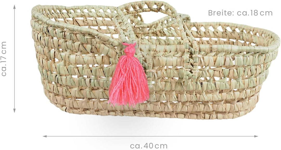 Kikadu grosser Puppenkorb aus Palmblatt, handgeflochtene Puppentragetasche in Pink, 40 x 18 x 17 cm,