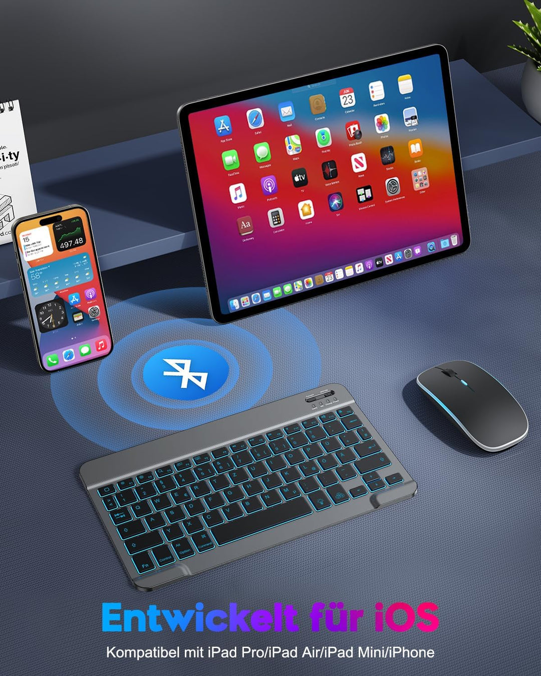 TECURS Bluetooth Tastatur Maus Set für iPad Air/Pro/Mini/11/10.9/10.2/9.7/iPhone, QWERTZ Deutsches L
