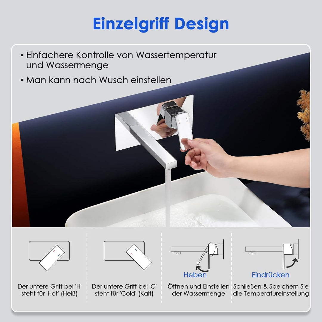 ROVOGO Wandmontage Waschtischarmatur Unterputz mit Schutzkappe, Edelstahl 304 Wasserhahn Bad Einhebe