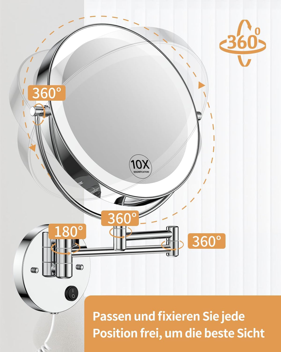 Gospire 9'' Wandmontage Schminkspiegel mit Beleuchtung mit 3 Farben & Dimmable, 1X/10X Vergrösserung