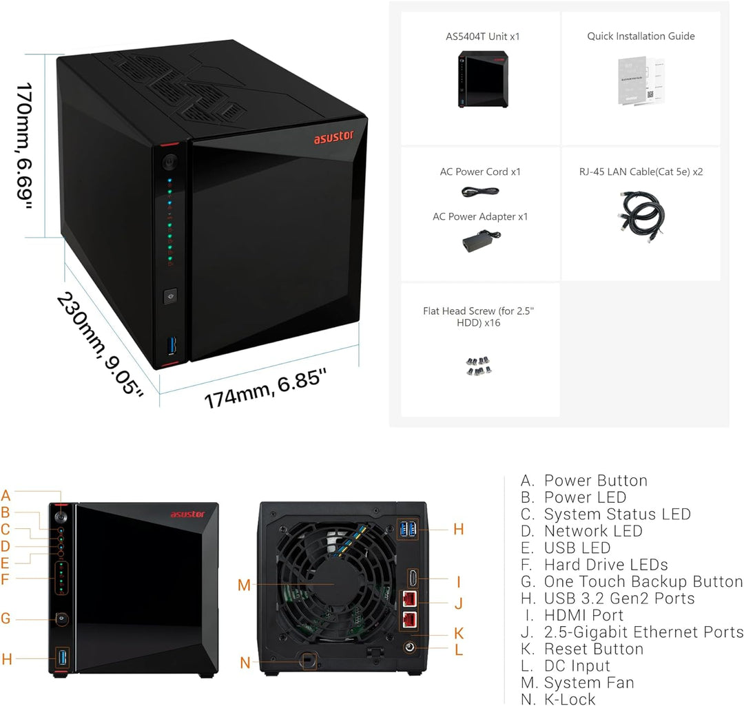 Asustor AS5404T Nimbustor 4 Gen2-4 Bay NAS Netzwerkspeicher Gehäuse, Quad-Core 2,0GHz CPU, 4xM.2 NVM