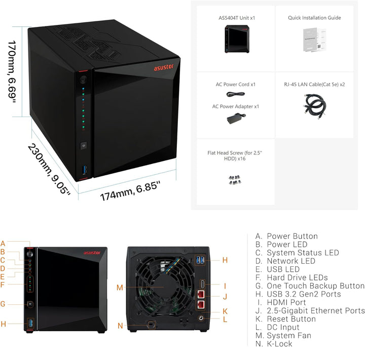 Asustor AS5404T Nimbustor 4 Gen2-4 Bay NAS Netzwerkspeicher Gehäuse, Quad-Core 2,0GHz CPU, 4xM.2 NVM
