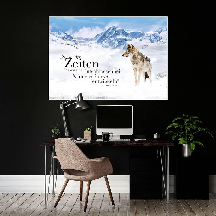 wandmotiv24 Poster als Wanddeko, Grösse 100x70cm, Wolf in den Bergen, Entschlossenheit, Wölfe, Tiere