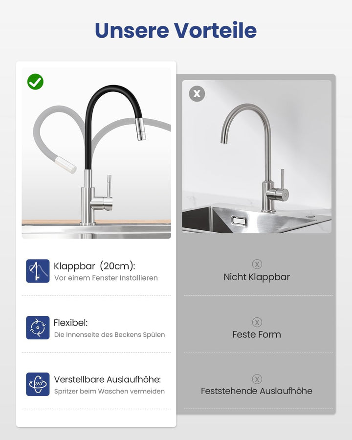 Sofetiy Flexible Küchenarmatur Schwarz, Wasserhahn Küche mit 2 Wasserstrahlen, Mischbatterie Küche S