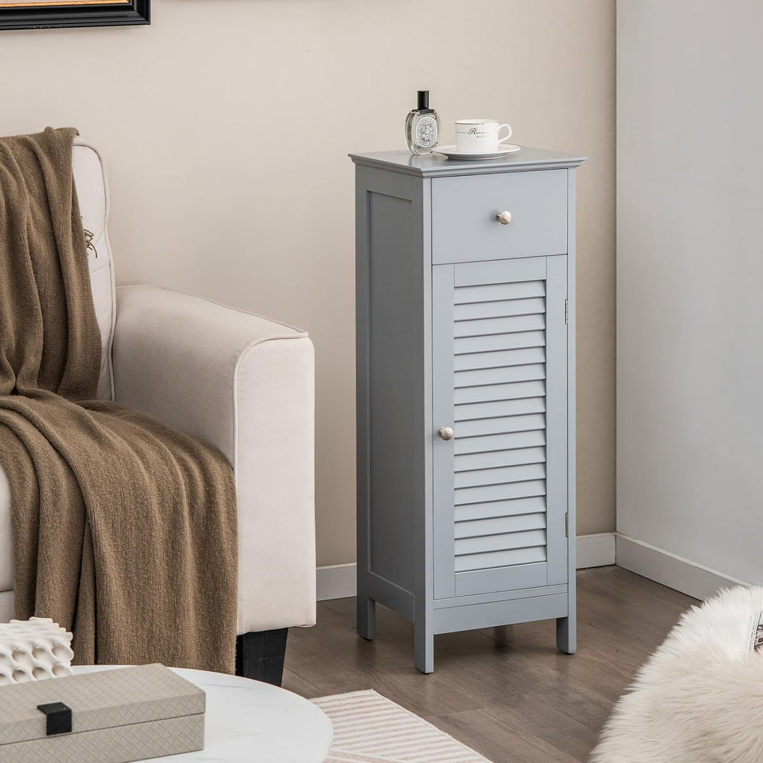 GOPLUS Badzimmerschrank mit Schublade, Badschrank schmal mit Lamellentür &amp; verstellbarem Regal, Aufb