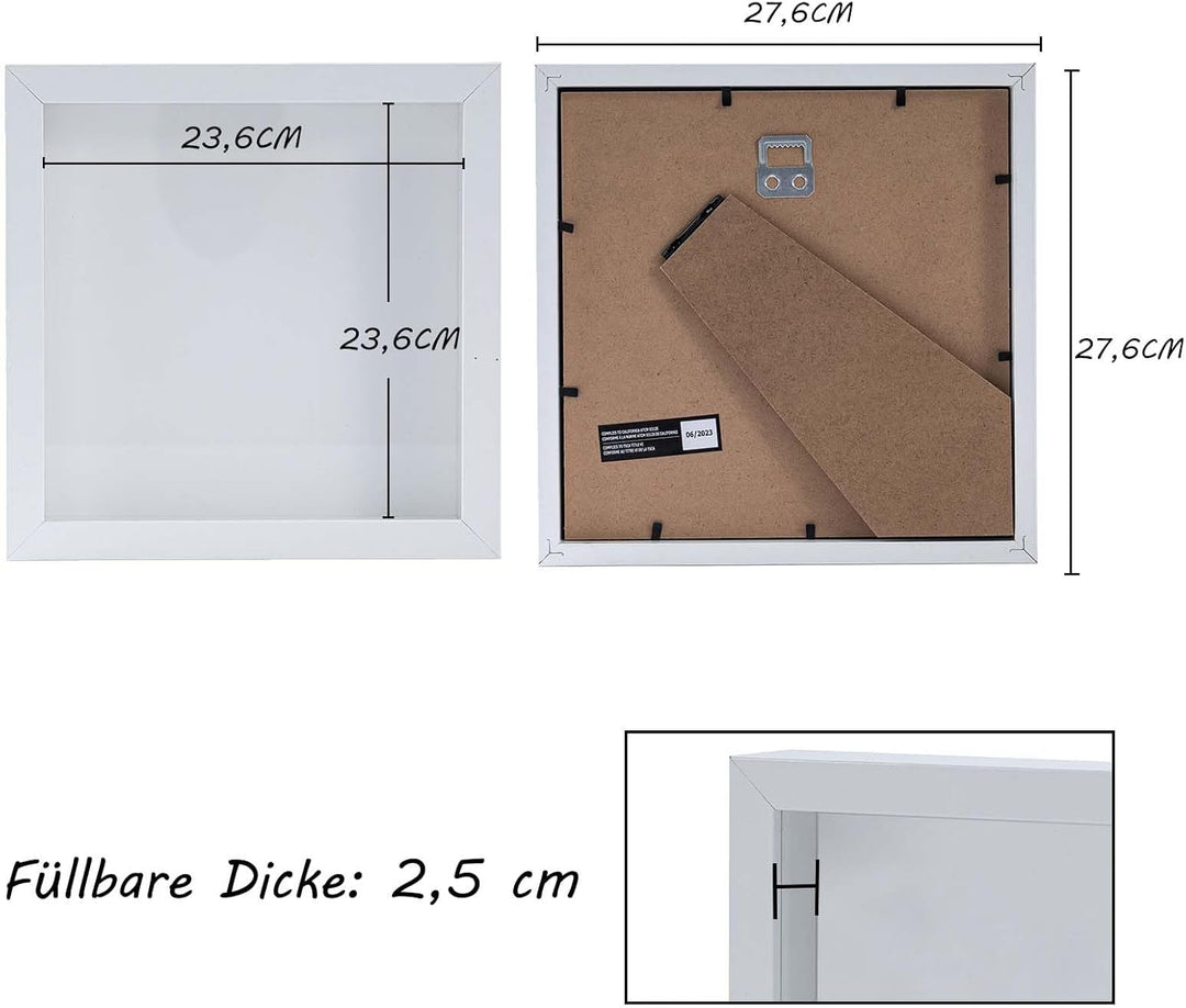 Muzilife 3D Bilderrahmen zum Befüllen mit Glasscheibe, 28x28 cm-Tiefer Rahmen Weiss, Holz Objektrahm