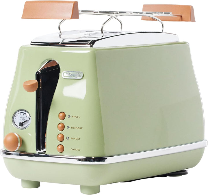 De'Longhi Toaster Icona Vintage CTOV2103.GR - 2-Schlitz-Toaster mit Brötchenaufsatz, Edelstahl in el