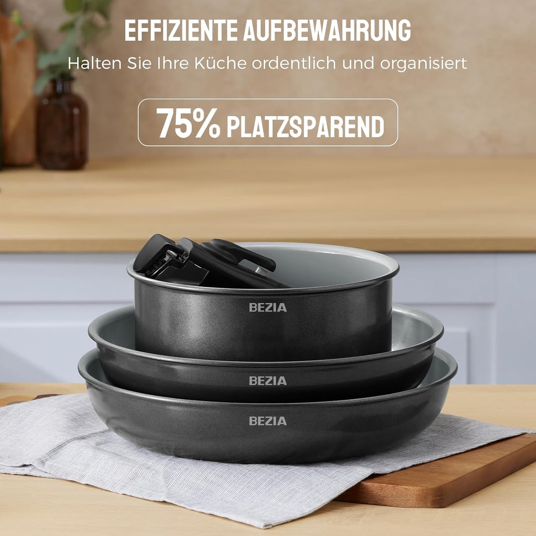 BEZIA Keramik Pfannenset mit Abnehmbarem Griff - 9 Teilig Topfset Induktion, Antihaft Pfanne mit Dec