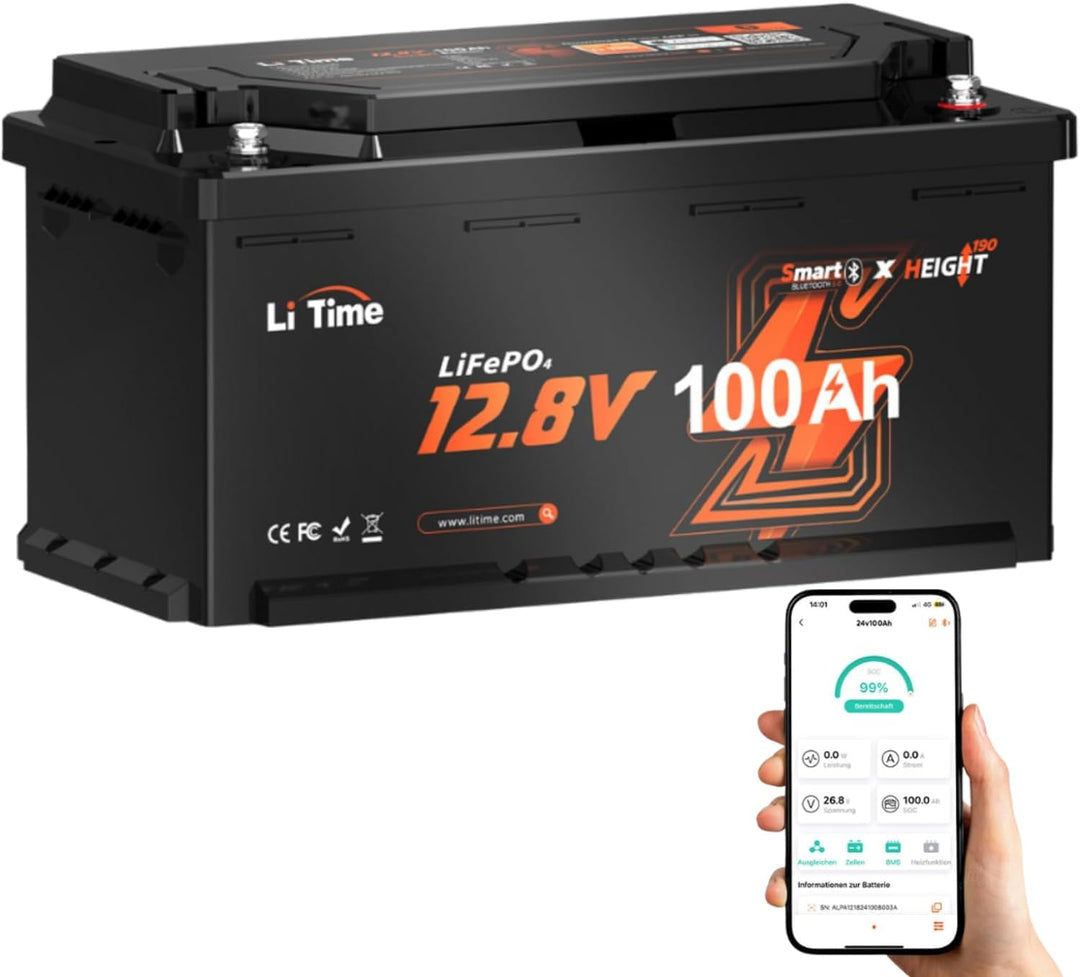 Litime LiFePO4 12V 100Ah H190 Bluetooth Lithium Batterie für Wohnmobil | DIN H8 L5 Grösse, 1792Wh En