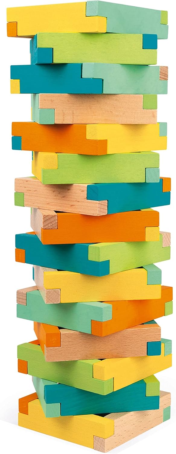 Janod - Fass mit 60 Bauklötzen aus Holz - Konstruktionsspiel - Entwicklung von Feinmotorik und Konze