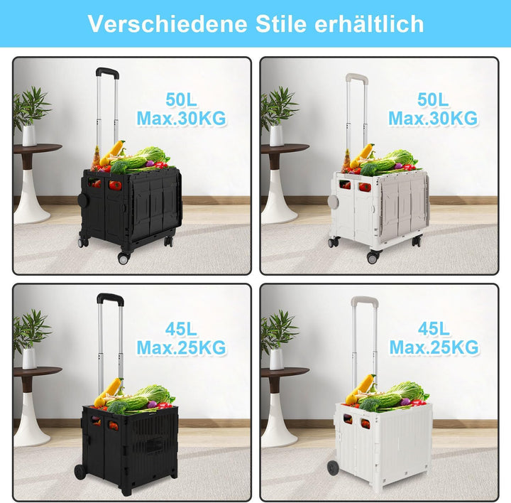 Einkaufstrolley 50 Liter mit 4 Rollen, 2 Bremsen, klappbar & stapelbar, bis 55kg belastbar, grosser