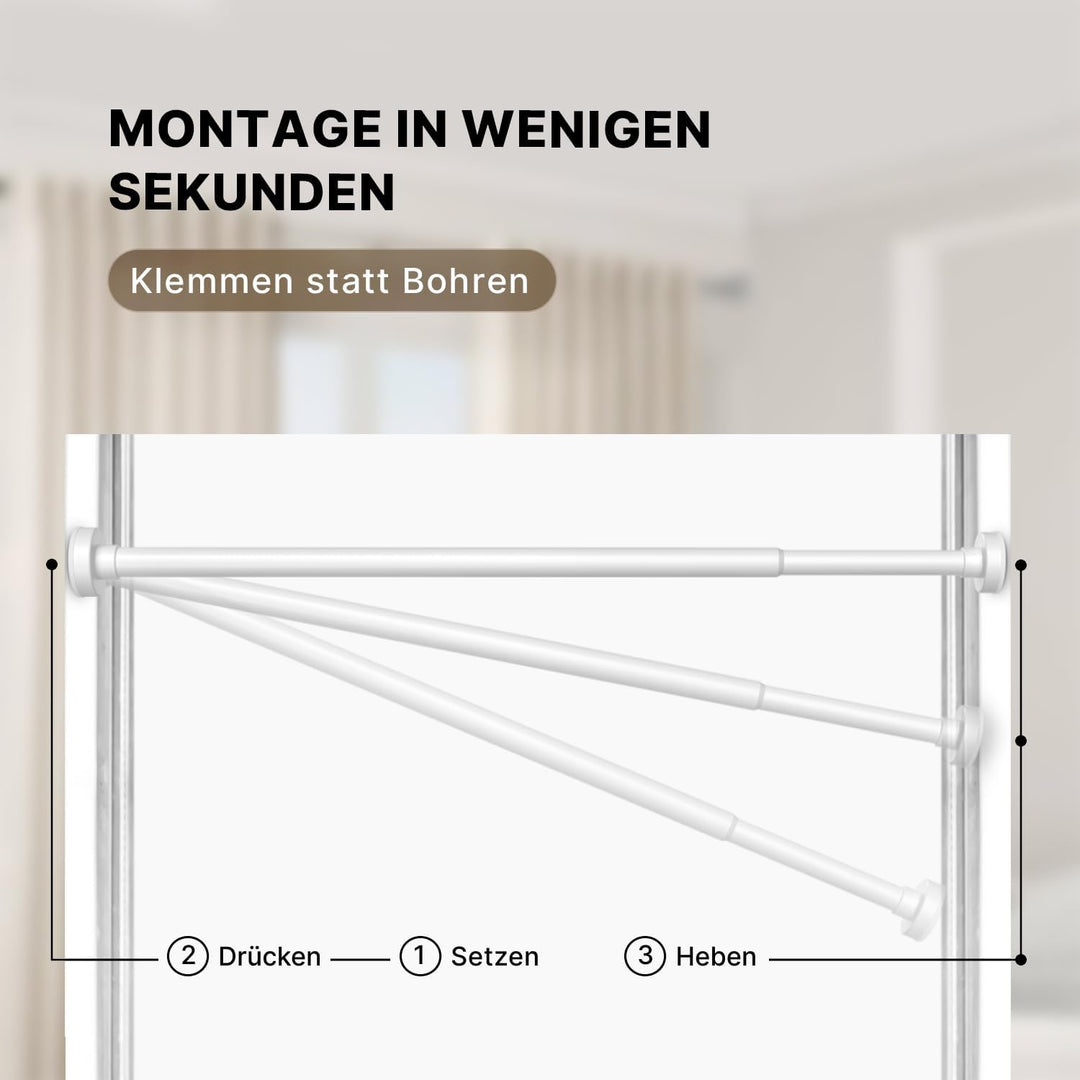 Duschvorhangstange ohne Bohren 90-160cm, Weiss, Ø 25 mm, Teleskop Gardinenstange Klemmen - Vorhangst