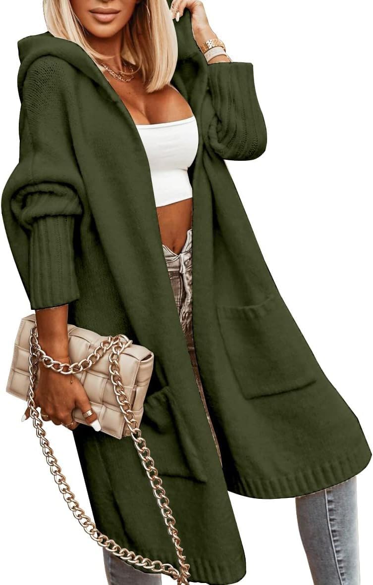 Tongmingyun Strickjacke Damen Lang Cardigan mit Kapuze Winter Grobstrickjacke Casual Lose Strickmant