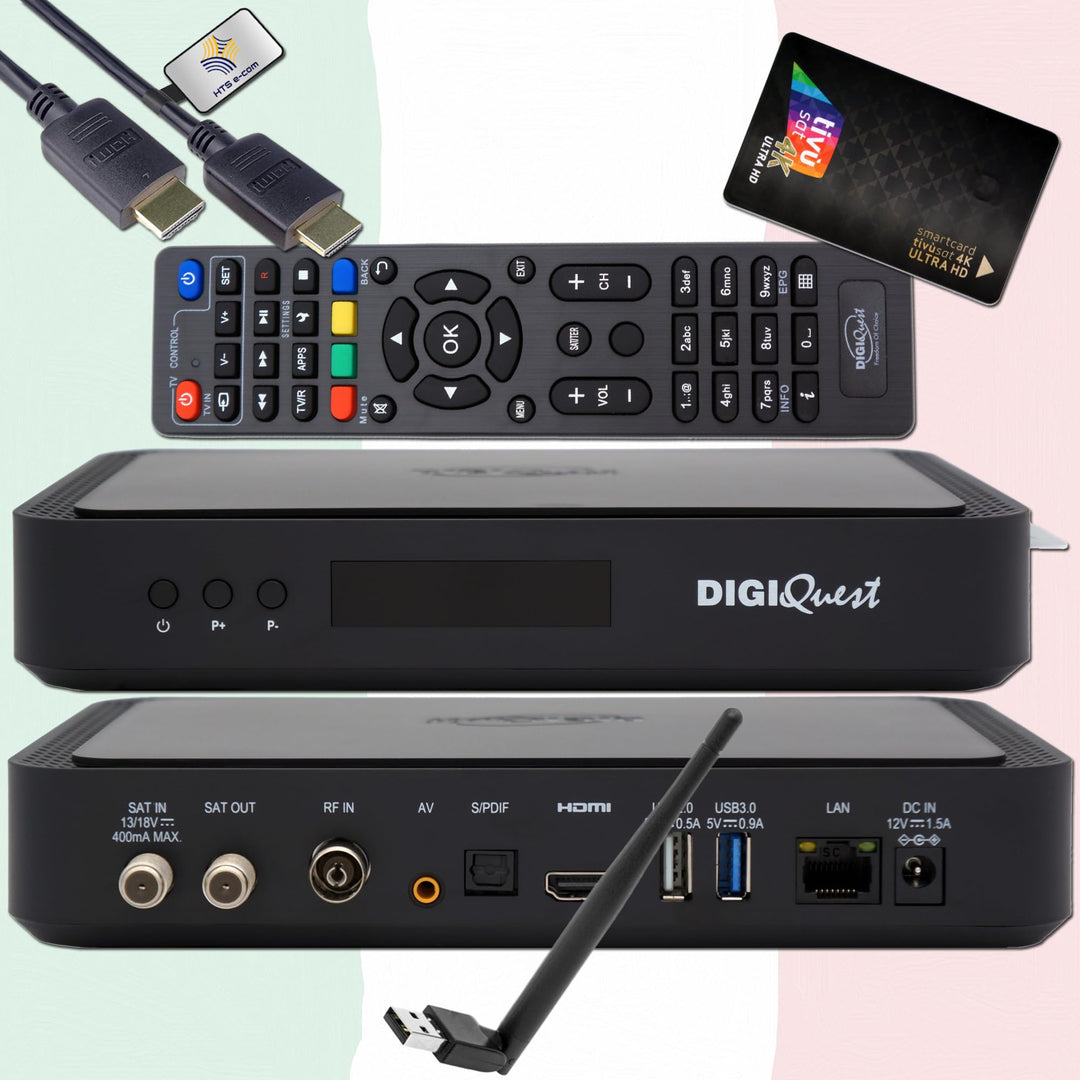 DigiQuest Q99 4K UHD TiVuSat Receiver inkl. Karte + WiFi Stick – Italienischer TV Satelliten-Receive