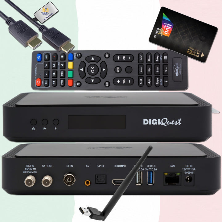 DigiQuest Q99 4K UHD TiVuSat Receiver inkl. Karte + WiFi Stick – Italienischer TV Satelliten-Receive