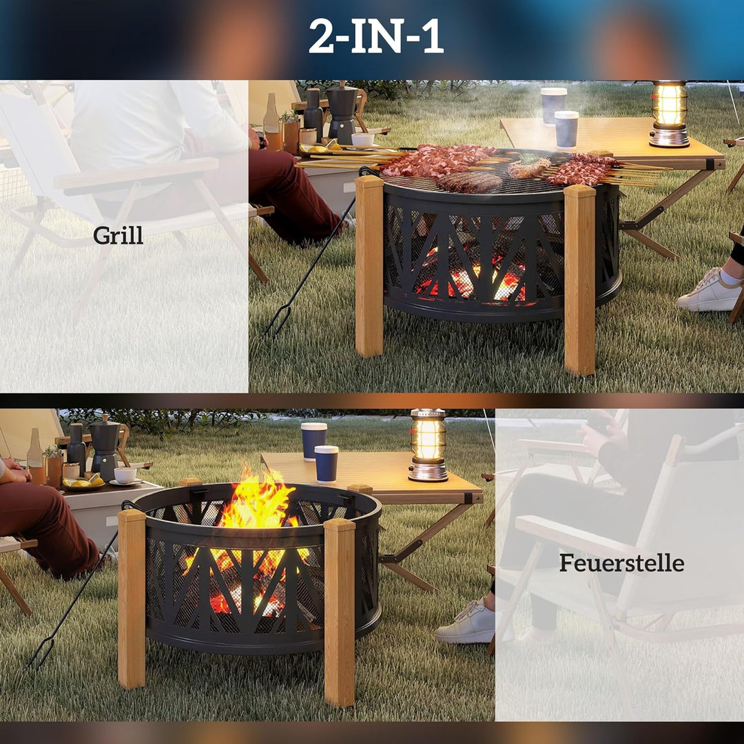 Outsunny 2-in-1 Feuerschale mit Grillrost Ø75 x 58 cm Feuerstelle mit Funkenschutz Schürhaken Feuers