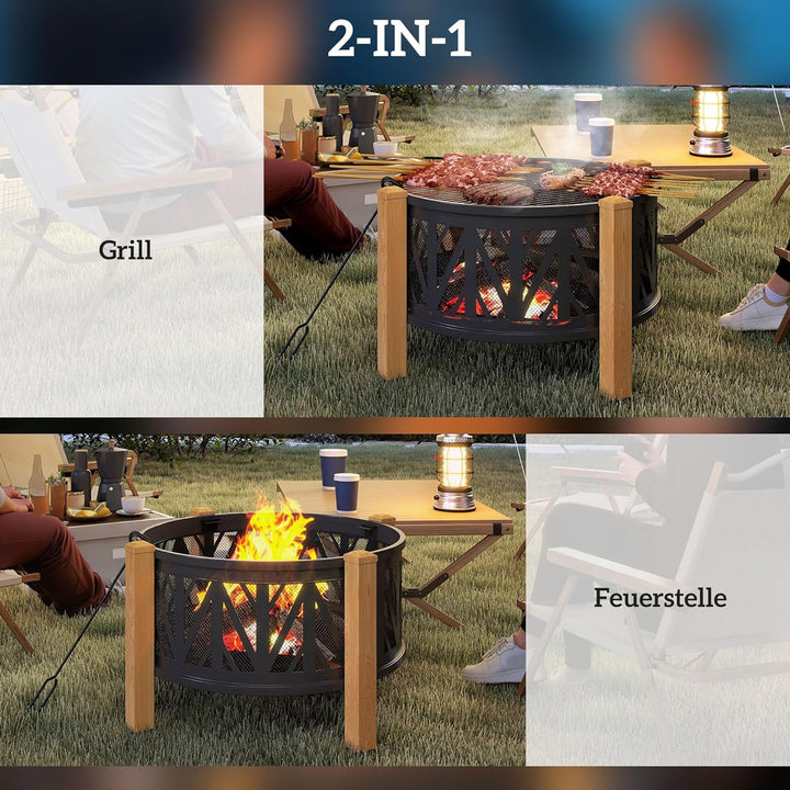 Outsunny 2-in-1 Feuerschale mit Grillrost Ø75 x 58 cm Feuerstelle mit Funkenschutz Schürhaken Feuers