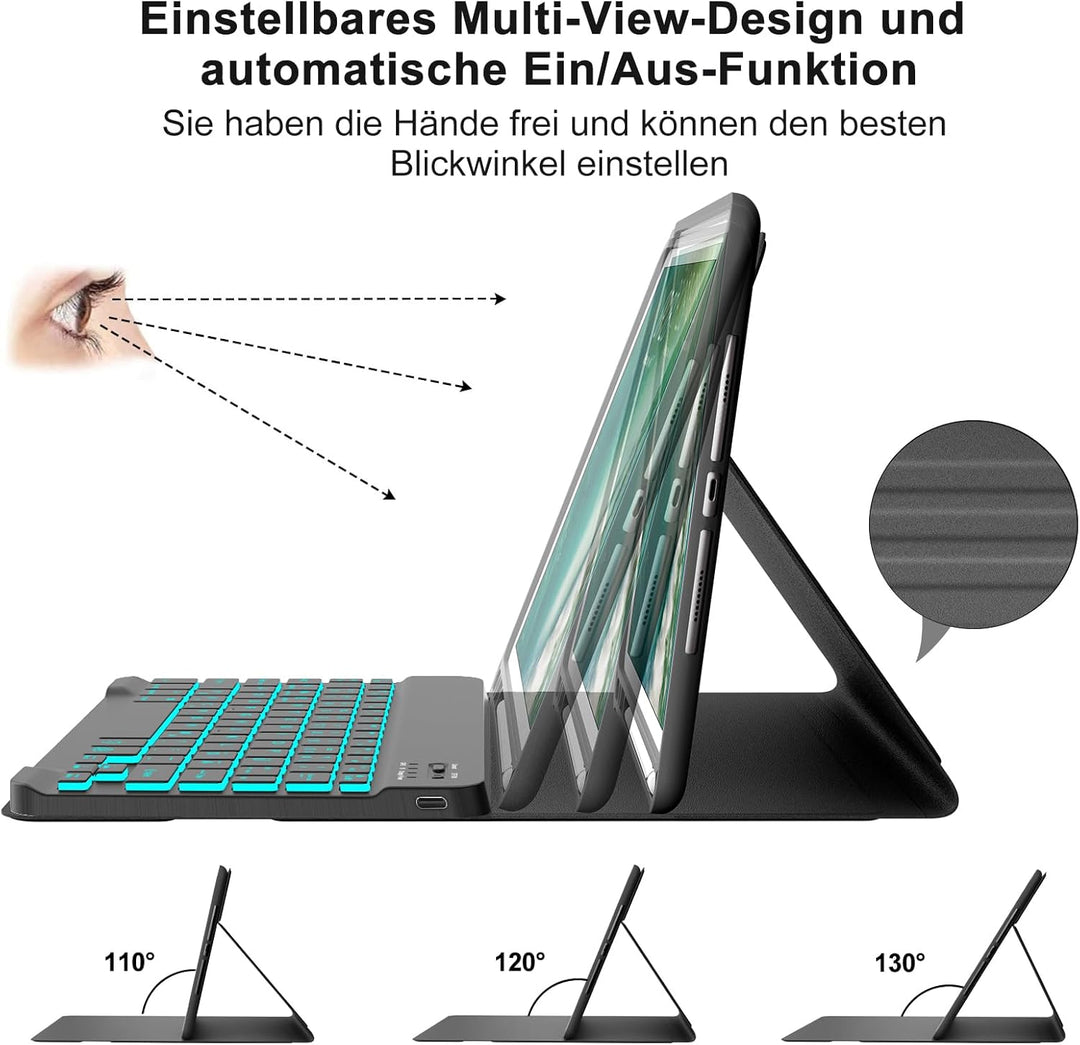 Hülle mit Tastatur für iPad 6. Generation 9.7 Zoll, 7-Farbige Beleuchtung, Magnetisch Abnehmbarer QW