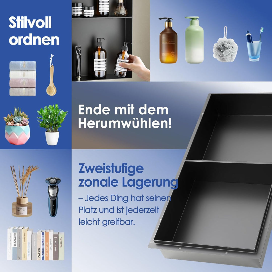 Wandnische Dusche, 600 x 300 x 101 mm OUGOO Edelstahl Duschnische Randlos Lagerung Doppelnische für