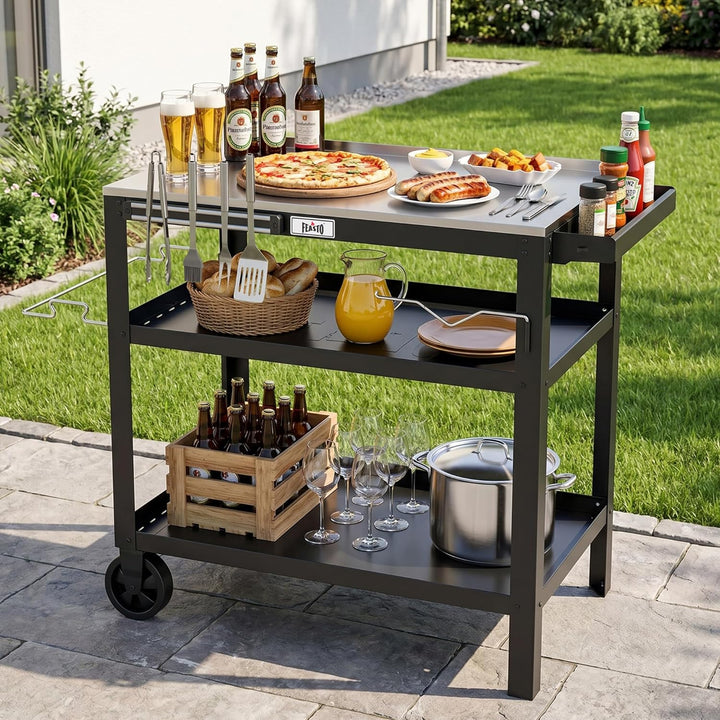 Feasto 3 Etagen Grillwagen mit Edelstahlplatte, Mobile Grilltisch mit Gewürzregal & Magnetleiste, Ou