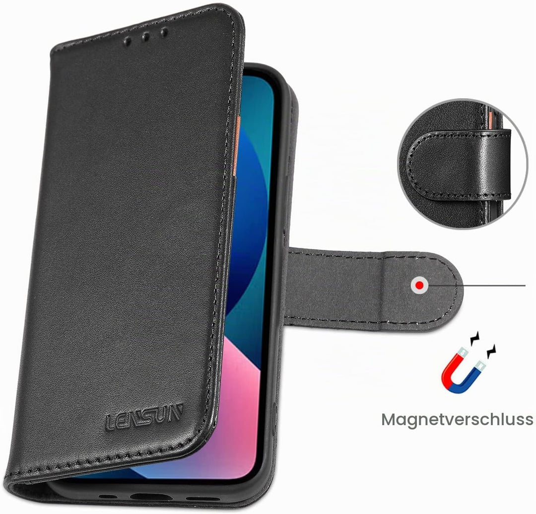LENSUN Echtleder Hülle für iPhone 13 Mini, Handyhülle [Echtes Leder][Magnetverschluss][RFID Schutz]