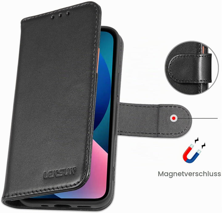 LENSUN Echtleder Hülle für iPhone 13 Mini, Handyhülle [Echtes Leder][Magnetverschluss][RFID Schutz]