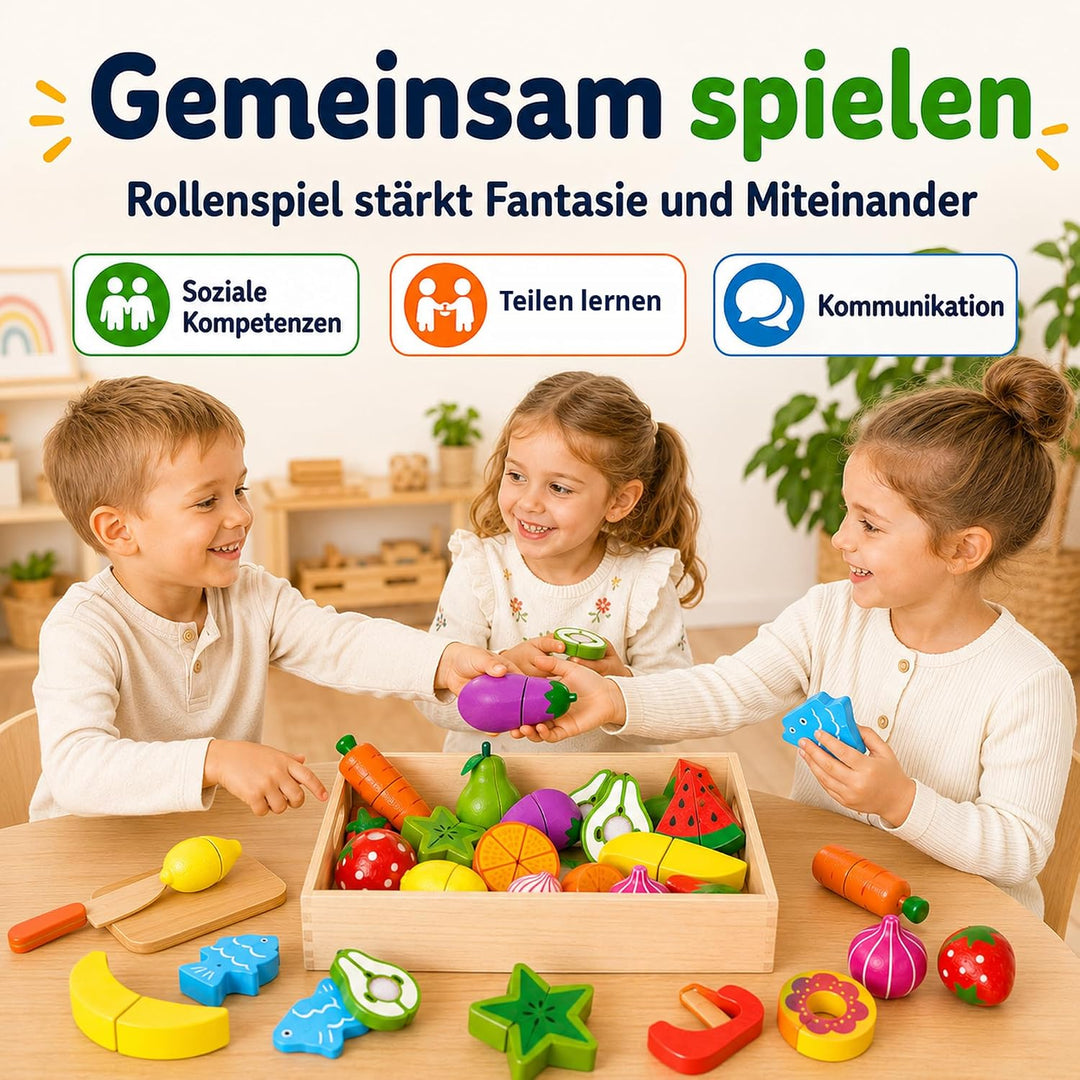 Kinder Holzspielzeug Küche – Schneideset mit Obst und Gemüse zum Zerschneiden, inkl. Schäler/Holzmes