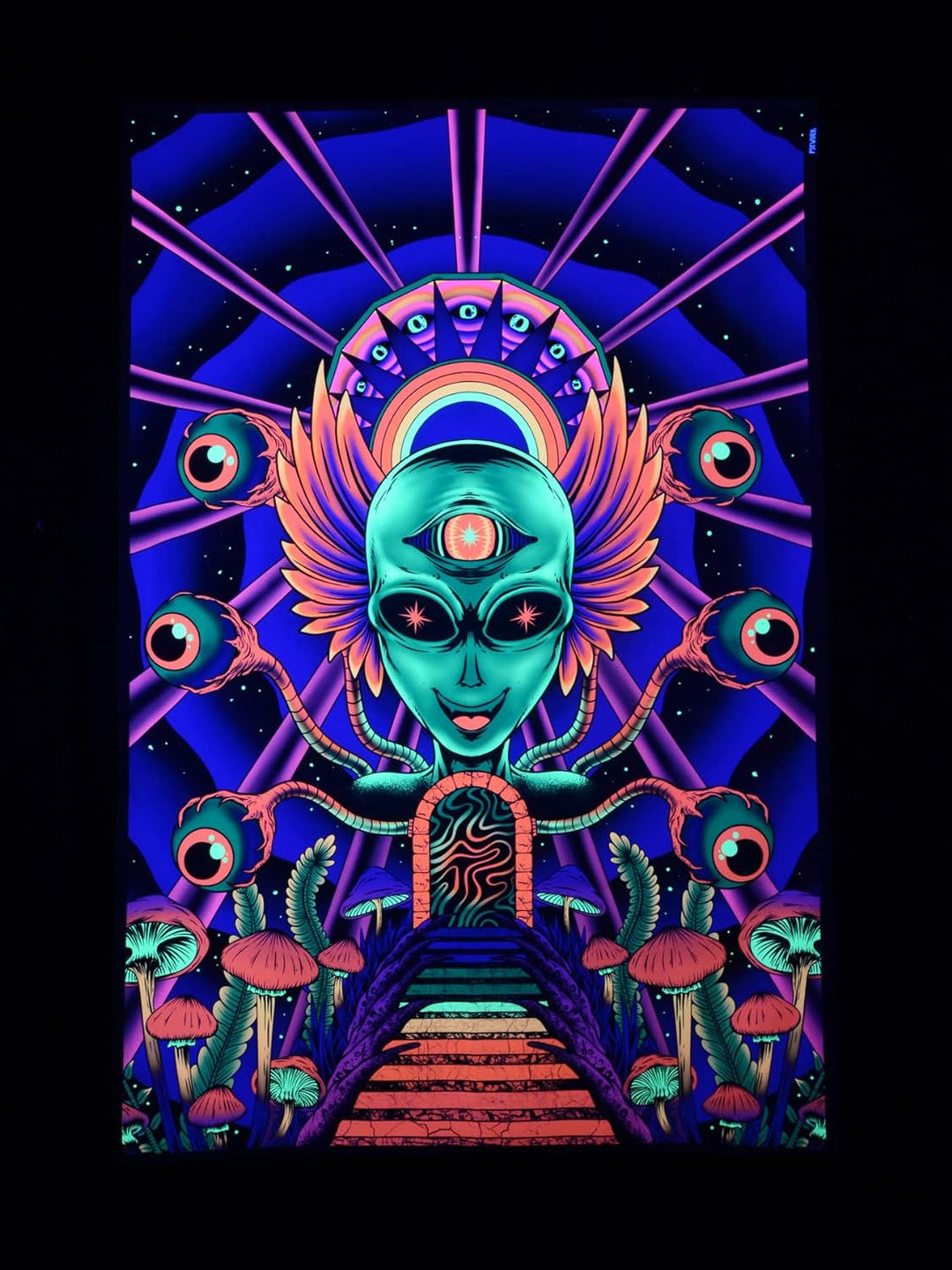 PSYWORK Schwarzlicht Stoffposter Neon | Alien Godness | 1,0 x 1,5m | UV-aktiv | fluoreszierend | Wan