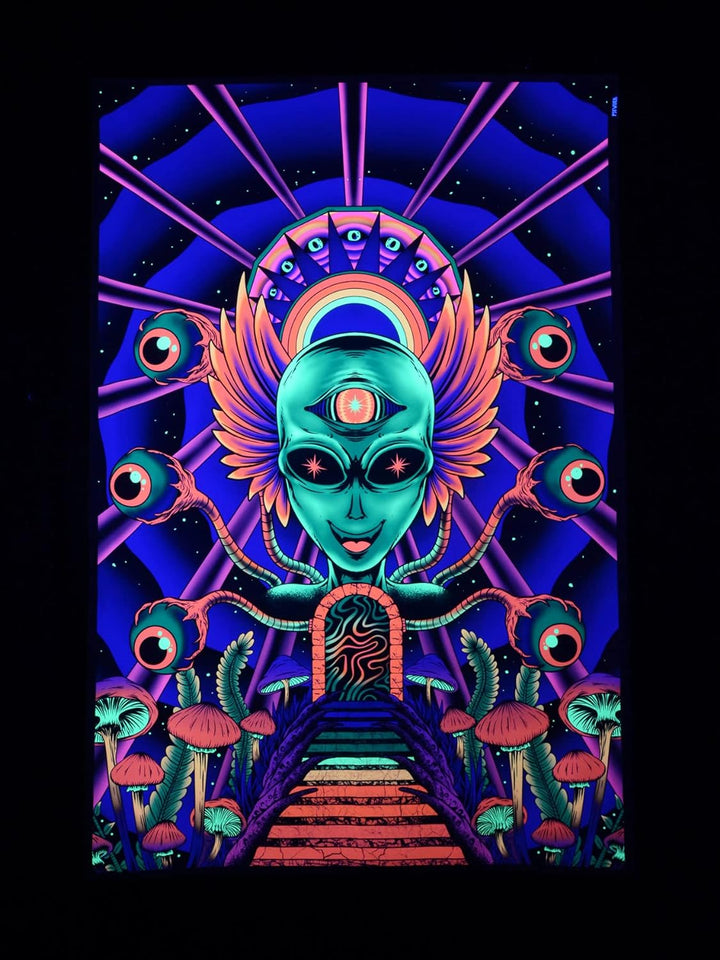 PSYWORK Schwarzlicht Stoffposter Neon | Alien Godness | 1,0 x 1,5m | UV-aktiv | fluoreszierend | Wan
