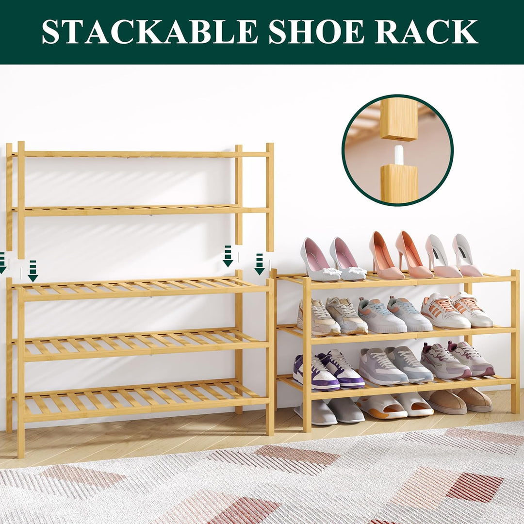 smiry Schuhregal aus Bambus, Schuhregal Platzsparend mit 3 Ebenen, Erweiterbar Stapelbar Shoe Rack,