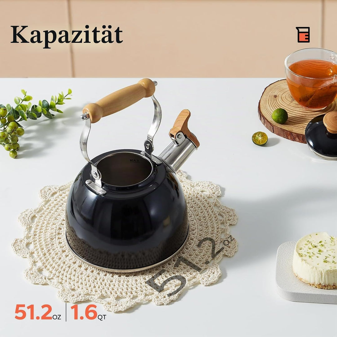 Wasserkessel Induktion, Flötenkessel für alle Herdarten, Edelstahl Teekessel Camping mit Holzgriff,