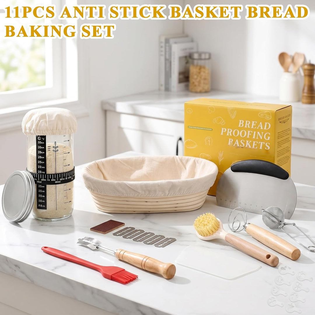 Sauerteig Starter Set: 11-teilig Gärkorb Brot Set mit 25cm Oval Gärkorb, Teigschaber, Leineneinsatz,