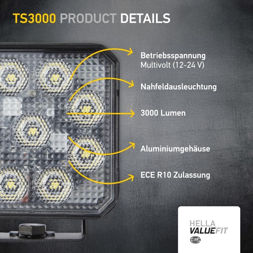 HELLA Valuefit TS3000 LED Arbeitsscheinwerfer 12V - 24V 3000 echte Lumen Nahfeldausleuchtung starke