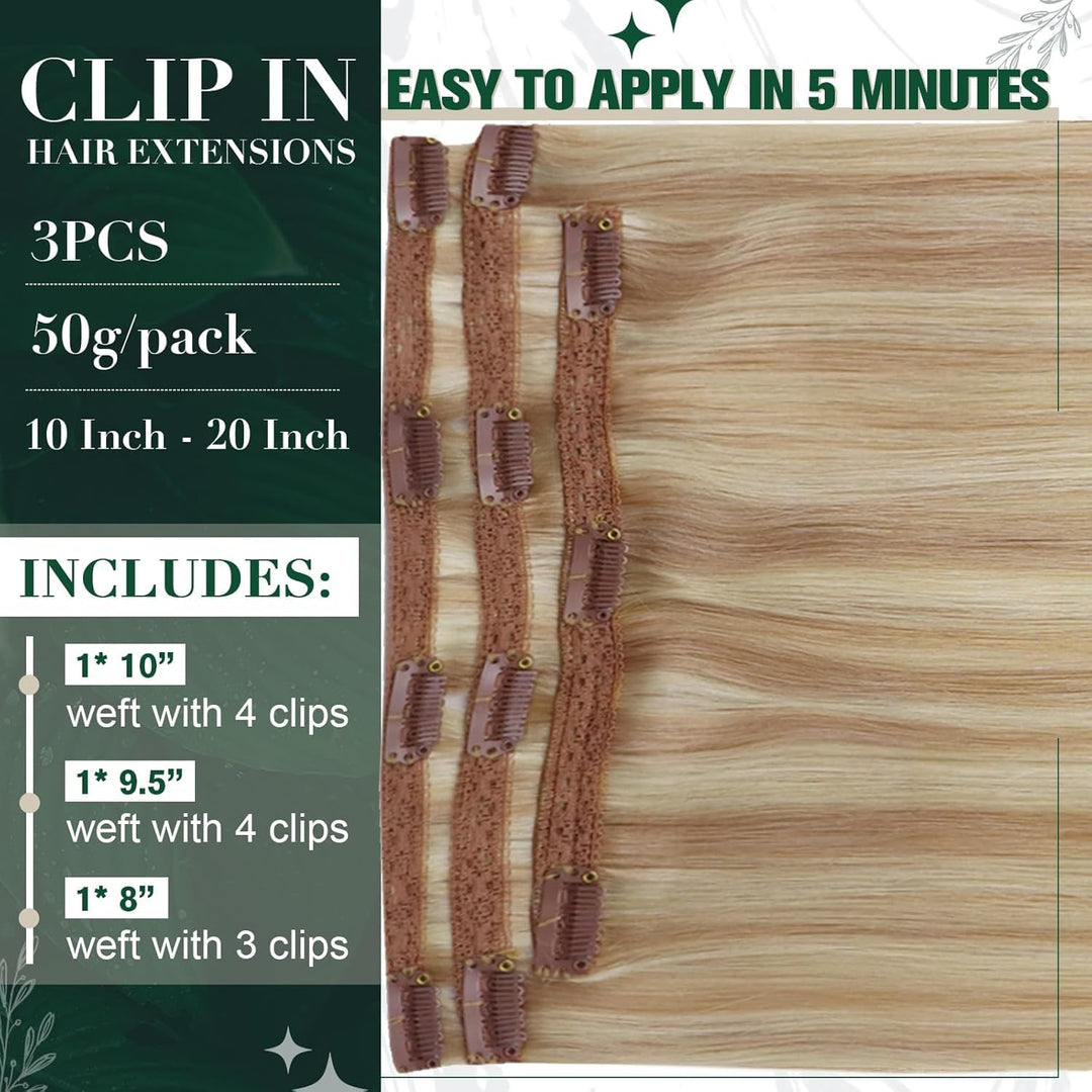 RUNATURE Extensions Echthaar Clip Blond 25cm Aschblond Highlight Platinblond Haarverlängerung 3 Stüc