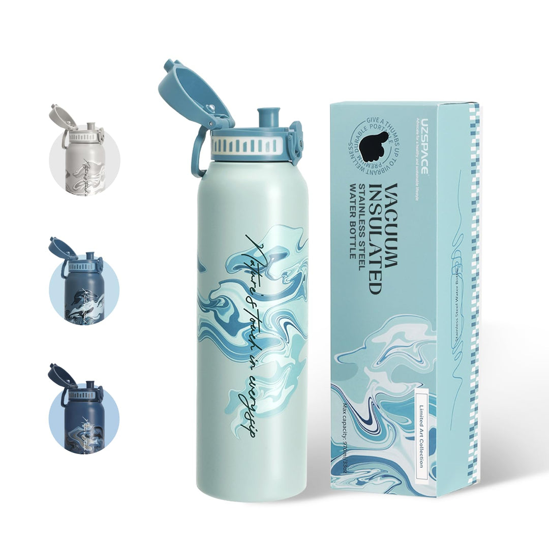 UZSPACE Edelstahl Trinkflasche 1l (970ml), Isolierte Thermosflasche mit 1-Klick-Öffnung, 100% Auslau