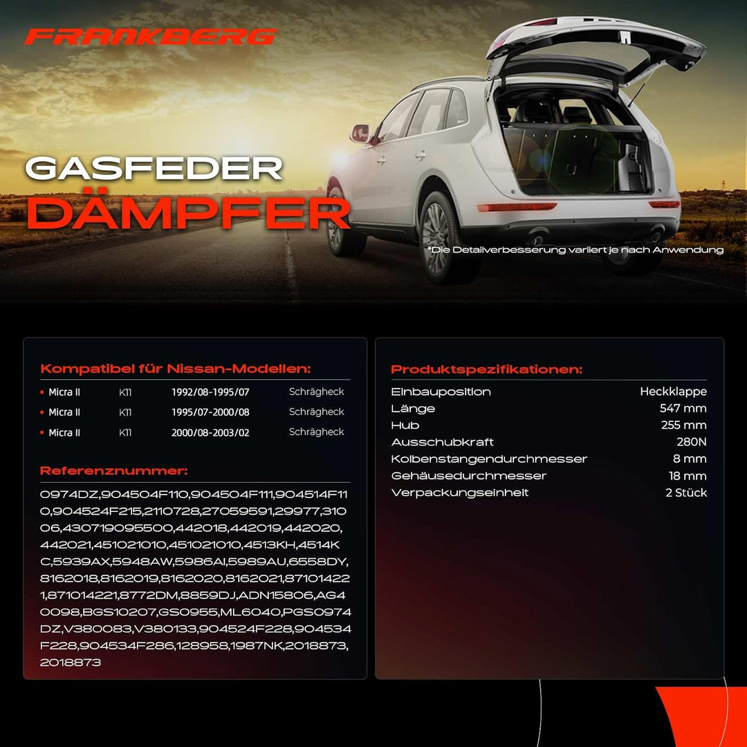 Frankberg 2x Gasfeder Dämpfer Heckklappendämpfer Kompatibel mit Micra II K11 1.0L-1.5L 1992-2003 Rep