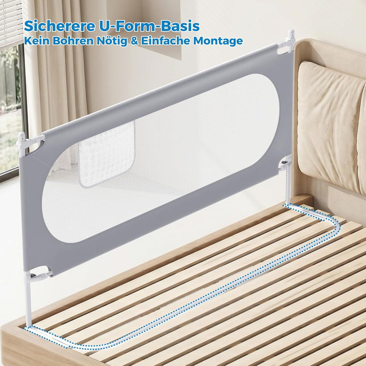 Stabiles Bettgitter 200cm – Rausfallschutz Bett U-förmiges für Boxspringbetten und die meisten Betta