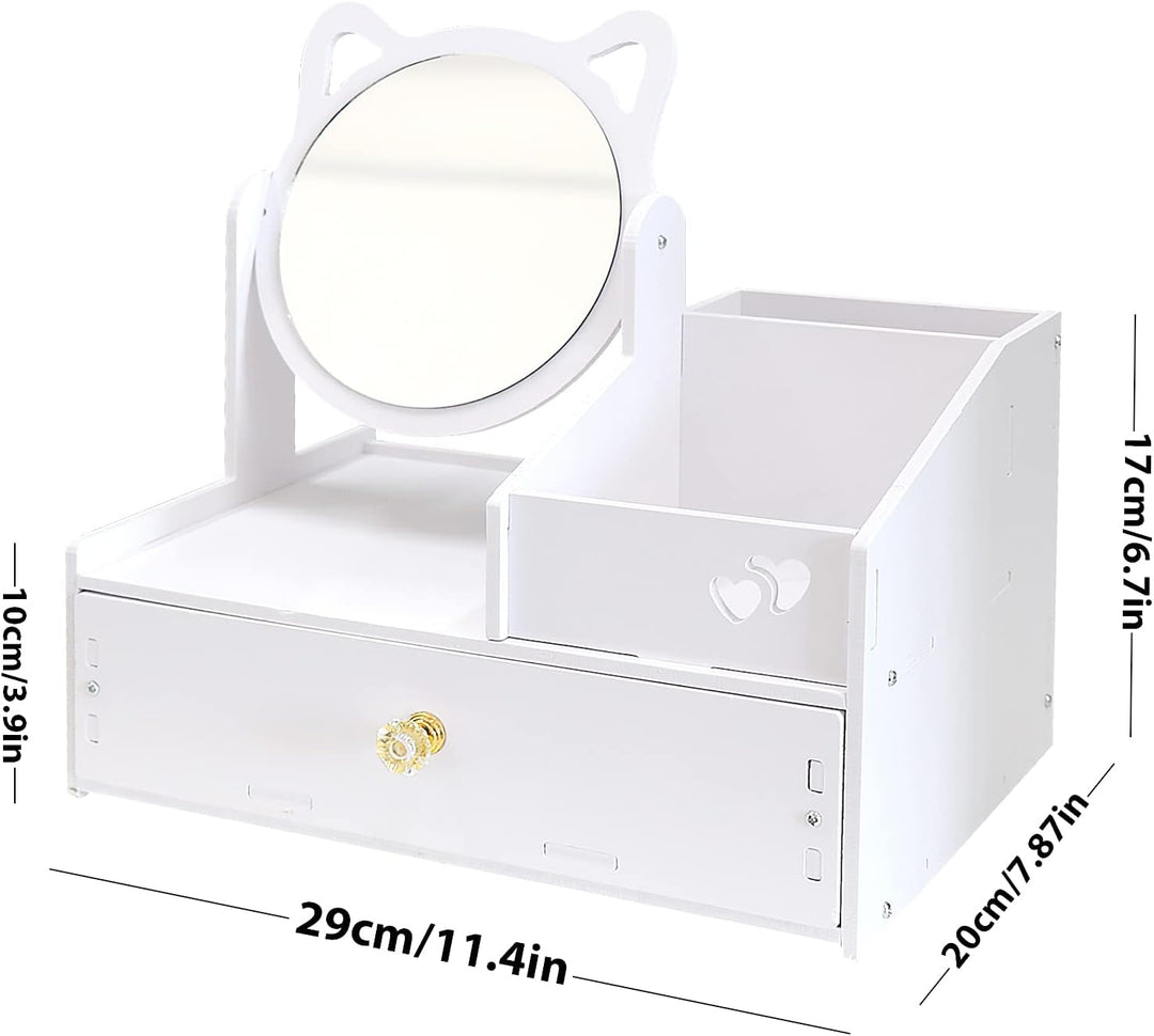 Cosmetic Organizer, Schminktisch Organizer mit Spiegel, White Desktop Kosmetik Organizer, Weiss Make