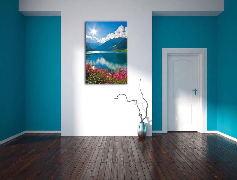 Blumenwiese am Bergsee, Format: 100x70 auf Leinwand, XXL riesige Bilder fertig gerahmt mit Keilrahme