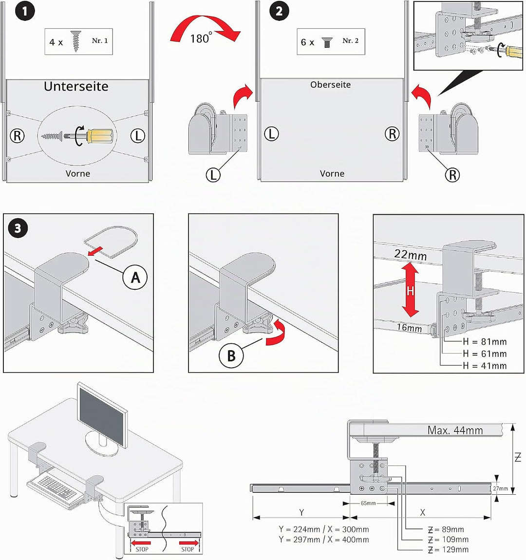 FIX&amp;EASY Tastaturauszug klemmbar für Tastaturablage mit Verriegelung, Tischklemmen höhenverstellbar