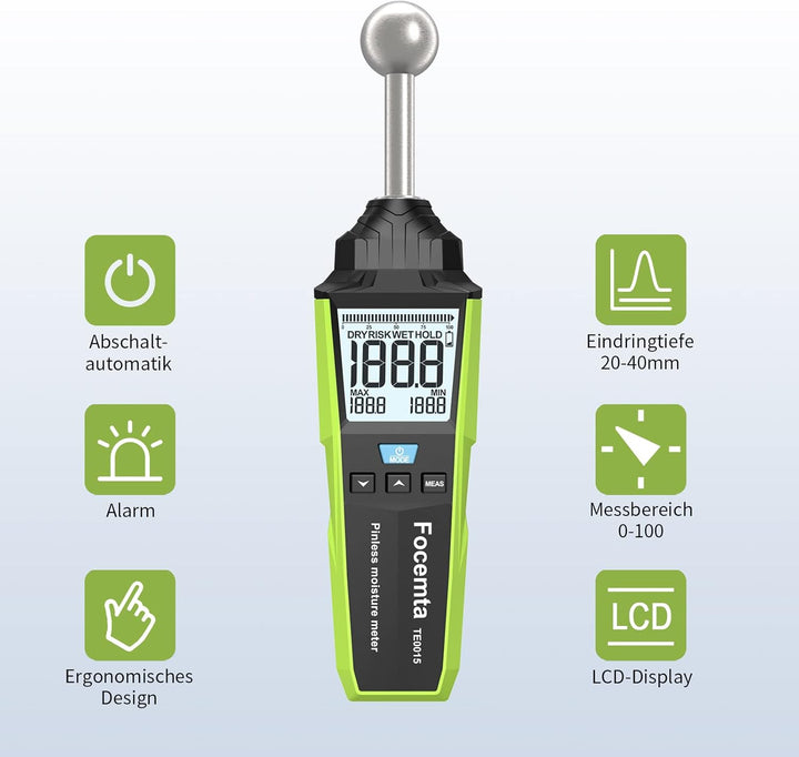 Feuchtemessgerät Focemta 20-40mm Analysetiefe,Feuchtigkeitsmessgerät zerstörungsfreies Messen mit LC