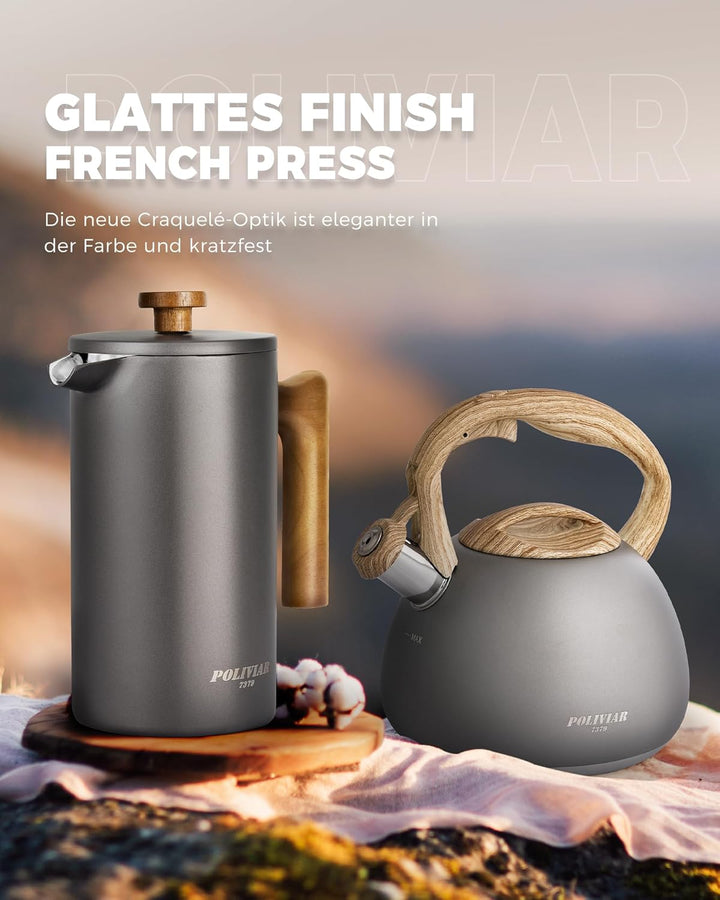 Poliviar French Press Kaffeebereiter 1 Liter/8 Tassen, Doppelwandige Isolierte Kaffeekanne und Teebe