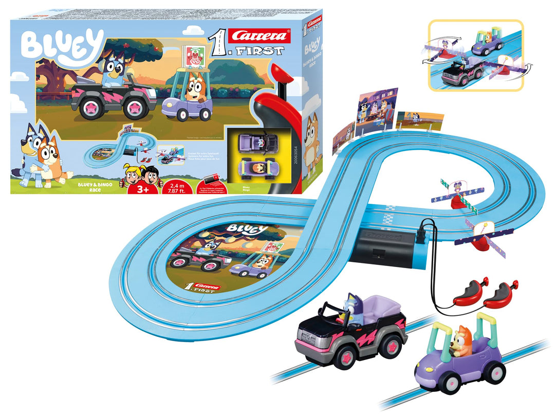 Carrera Bluey &amp; Bingo Race 2,4m Rennstrecken-Set I 2 ferngesteuerte Fahrzeuge mit Bluey und Bingo I