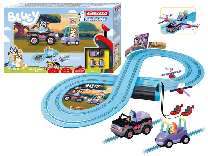 Carrera Bluey &amp; Bingo Race 2,4m Rennstrecken-Set I 2 ferngesteuerte Fahrzeuge mit Bluey und Bingo I
