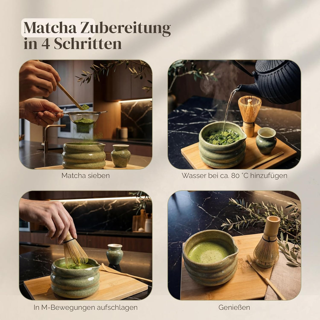 Matcha Set 8-teilig, Matcha Tee Set mit Matcha Schale mit Ausguss, Bambusbesen (Chasen), To Go Glas