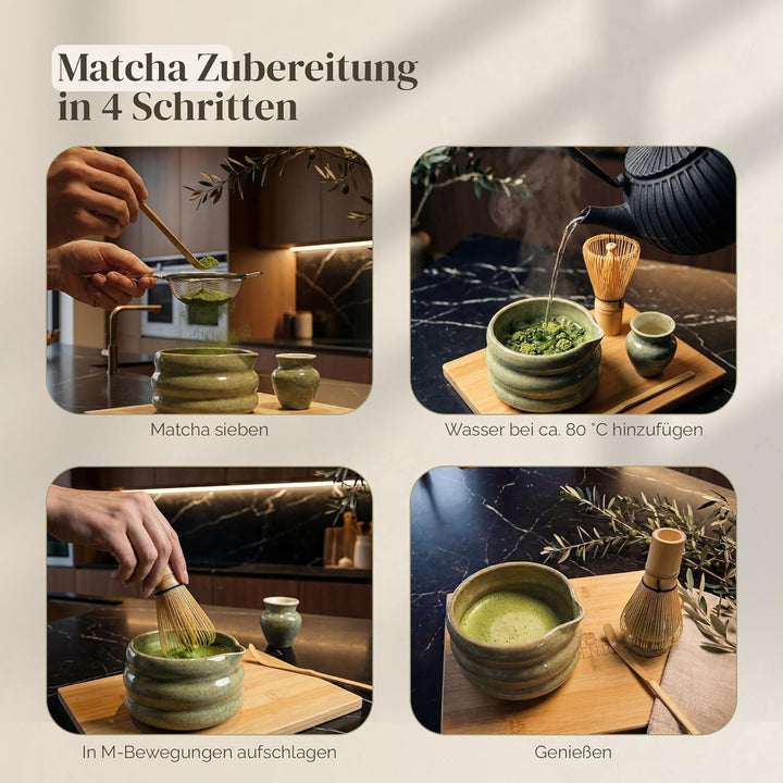 Matcha Set 8-teilig, Matcha Tee Set mit Matcha Schale mit Ausguss, Bambusbesen (Chasen), To Go Glas