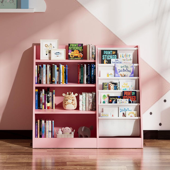 KEEPREAPER Kinderregal Bücherregal für Kinder 90x40x80cm, mit 5 Ablage und 4 offenen Fächern, Holz,