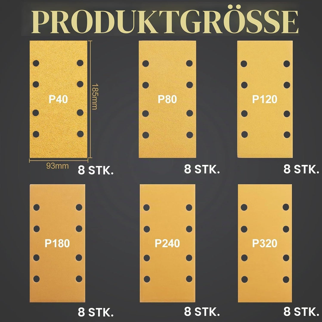 56 Stück 93 x 185mm Schleifpapier Set 40 60 80 120 180 240 320 Körnung Schleifblatt mit 8 Löchern 93